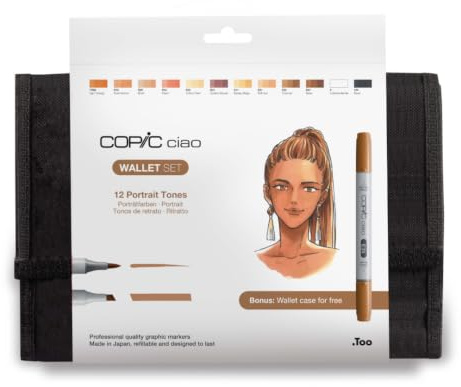 COPIC Ciao Marker 12er Manga Set Porträtfarben im Wallet, Allround-Layoutmarker mit einer mittelbreiten und einer Brush-Spitze