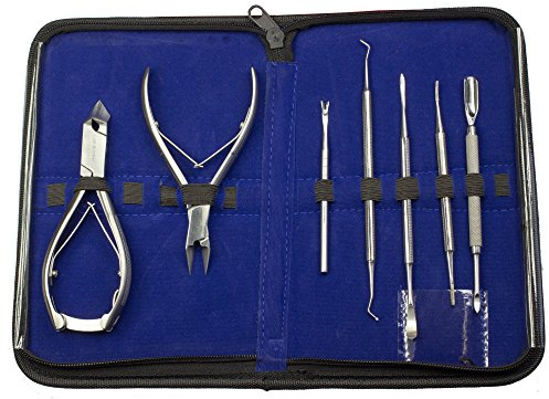 May Pediküre Set [7-teilig] aus rostfreiem Edelstahl – Extra starke Nagelzange (Kopfschneider) für dicke Fußnägel & Senioren – Professionelles Fußpflege Set mit Eckenzange & Etui