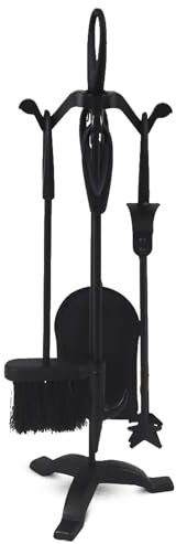 FB FunkyBuys Fireside Companion Set 5 Piece Fireplace Tool Sets Iron Companion Wood Burner – Fire Poker Set Log Burner Accessories – Fire Companion Sets for Log Burners with Stand