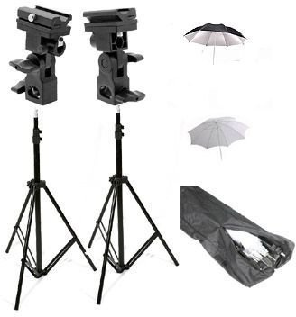 ePhoto UB4 Double Off Camera Flash Kit with Carrying Bag with 2 each of 7 Foot Stands with Brackets, 33-Inch Reflector Umbrellas and 32-Inch White Umbrellas