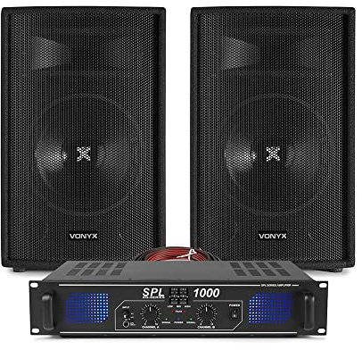 VONYX SL12 12 Passive DJ PA Speaker Set with 1000W Amp, Cables – Complete Passive PA System Kit for DJs, Bands, Events & Parties, 2x 12 DJ Speakers, SPL-1000 Amplifier, RCA & Speaker Cables Included