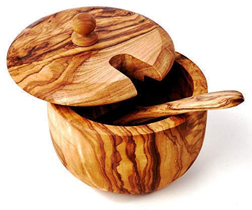 das Olivenholzbrett® Kleine Zuckerdose Dose mit Deckel und Löffel aus Olivenholz