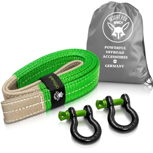 Desert Fox Winch Bergeset 1,5 m | Bergegurt 14 t mit 2X 5/8 Zoll Schäkeln | Abschleppgurt für Offroad, SUV, Geländewagen, Forst & Recovery | Inkl. Aufbewahrungsbeutel