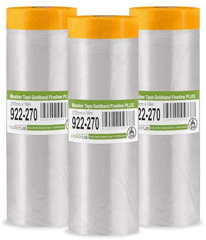 Colorus Abdeckfolie mit Klebeband 3er Set 270 cm x 16 m Goldband | Goldband Masker Tape mit statisch haftender Malerfolie – deckt große Flächen, Fenster und Türen schnell ab