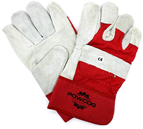 12 Pairs of Leather Rigger Safety Work Gloves | Heavy Duty | Red/Grey by POWCOG