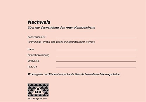 Nachweisheft für rote Kennzeichen, 16 Seiten, DIN A5 quer