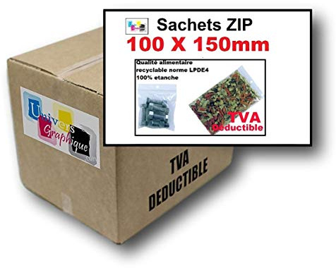 Lot de 1000 Sachets 100 x 150 mm fermeture zip Transparent - Sachet fermeture zip 10 x 15 cm 50µ sac plastique compatible alimentaire et congélation de marque UNIVERS GRAPHIQUE REF UGS07-1000