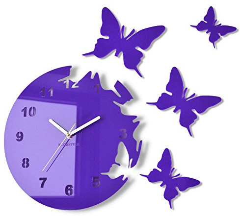 FLEXISTYLE Reloj de Pared Grande Moderno con diseño de Mariposa, Color Lila (arándano) Redondo 30 cm, 3D, DIY, salón, Dormitorio, habitación de los niños
