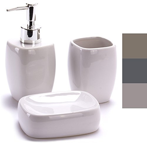 MSV Set Accessori Bagno 3 Pezzi in Ceramica - Dispenser Sapone, Portasapone, Bicchiere - Bianco