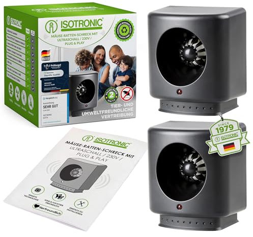 ISOTRONIC Mäusevertreiber mit Ultraschall gegen Mäuse & Ratten |Tradition seit 1979 | 230V Mäuseschreck für Keller, Dachböden, Garagen UVM. | tierschonend & sicher | 2 x 50 m² Wirkungsbereich