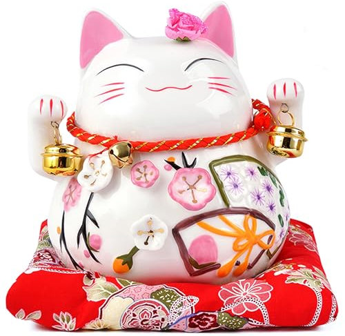 Goodwei - Maneki Neko - Statue de Chat Japonais en Porcelaine avec Cloches - Feng Shui Porte-Bonheur et Tirelire (Petit (12 cm))