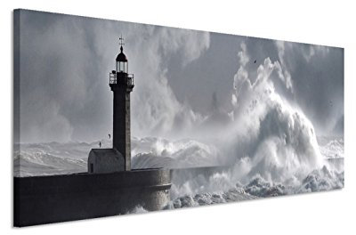 Impression sur toile sur châssis - 150 x 50 cm - Motif : mer, océan, tempête, vague et phare