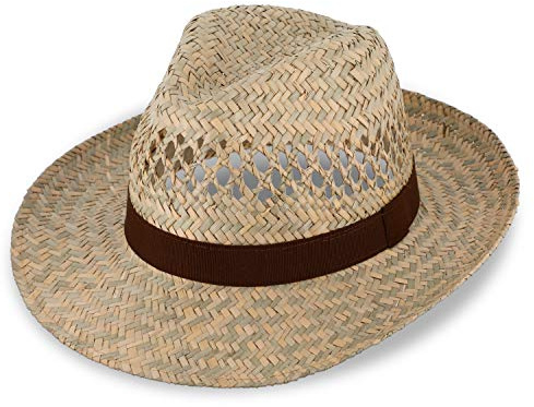 fiebig Strohhut Fedora mit braunem Ripsband | Sonnenhut für Herren & Damen aus 100% Stroh | Made in Italy | Sommerhut in vielen Größen | Farbe Natur