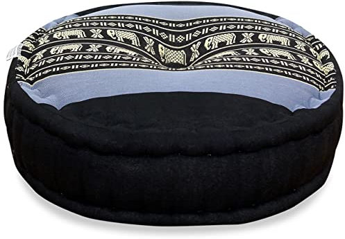 livasia Meditationskissen - Ø 38x15cm - Yogakissen mit Kapokfüllung, Pouf, Bodenkissen rund für Yoga und Zen Meditation, Zafukissen für Garten und Balkon, Sitzkissen handgemacht (Blau/Elefanten)