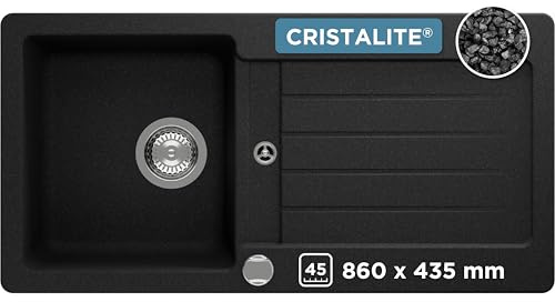SCHOCK Küchenspüle Typos D-100S Onyx 86x43,5 cm | Granitspüle aus CRISTALITE schwarz mit Abtropffläche | Spüle für 45 cm Unterschrank | Reversible Einbauspüle | Waschbecken Küche