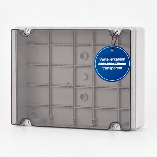 Aufputz Installationsgehäuse, Abzweigkasten Kunststoffgehäuse mit Scharnierschraube | 380x300x120mm | IP65 | Transparenter Deckel Verteilerkasten Leergehäuse Industriegehäuse, Abzweigdose