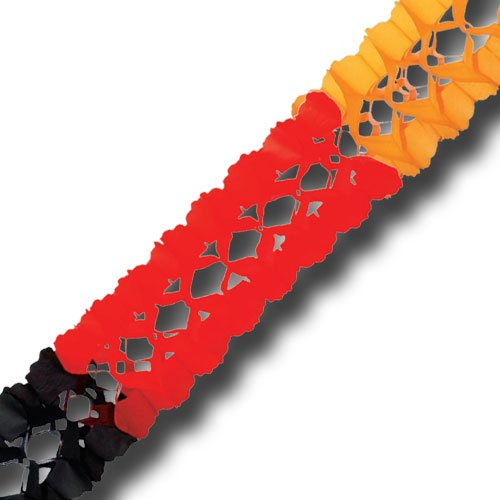 ORDENO Girlande Papiergirlande Deutschlanddeko Schwarz-Rot-Gold 4 m x 16 cm | Seidenpapier, 4 m Länge, 16 cm Durchmesser, schwarz-rot-goldgelb, schwer entflammbar, mit Schnur, hergestellt in Österreich