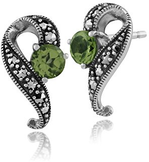 Gemondo Marcasite Earrings, 925 Sterling Silver 0.55ct Peridot & Marcasite Art Nouveau Stud Earrings