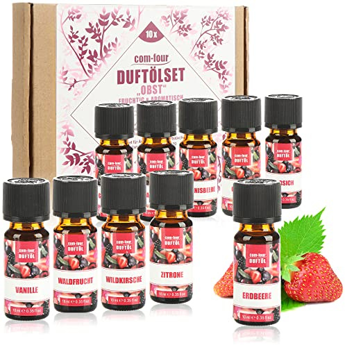 COM-FOUR® 10x doftoljor i ett set - rumsdoft frukt - doftolja för aromdiffusorer, luftfräschare, vattenförångare, luftfuktare