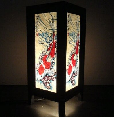 RED BERRY THAILAND LANNA LAMP Bedside Japanese Lamp - Vintage Asian Inspired Decorative Lamp - Bedroom Nightstand, Desk, Living Room, Dorm (Carp Koi Fish1 JY1H)