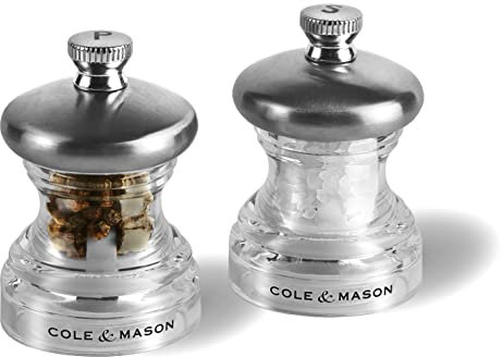 Cole & Mason Button Salt and Pepper Mill Set, Adjustable Precision+ Mechanism, Small 65mm Salt and Pepper Grinder Set Ideal for Picnics, Stainless Steel/Acrylic