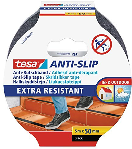 tesa Anti-Rutschband - Rutschfestes Klebeband für innen und außen - Für Treppen, Leitern und glatte Böden - Schwarz - 5 m x 25 mm, 5 m x 50 mm, 55588-00000-11