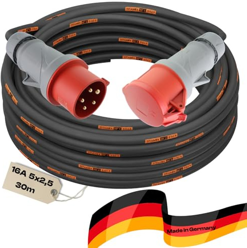 Starkstromkabel 16A 30m H07RN-F TITANEX 5x2,5 Starkstrom Verlängerungskabel CEE Verlängerung 16 Ampere Kabel 5x2,5mm2 Baustelle Werkstatt Industrie Geeignet Outdoor IP44 Spritzwassergeschütz