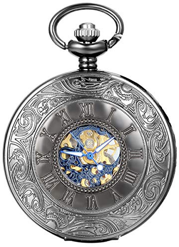 JewelryWe Retro Handaufzug Mechanische Taschenuhr Vintage Blumenmuster Römische Ziffern Uhr Taschenuhren mit Kette und Geschenkbox, Schwarz/Silber