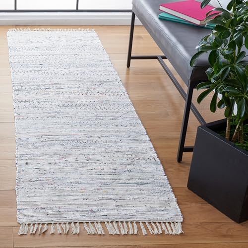 SAFAVIEH Rag Rug Collection Runner Rug - 2'3 x 12', Ivory & Multi, Handmade Boho Stripe Cotton, Ideal for High Traffic Areas in Living Room, Bedroom (RAR121G)