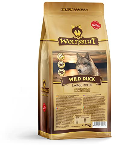 WOLFSBLUT – Wild Duck Large Breed | Trockenfutter mit wertvollen Superfoods für große, ausgewachsene Hunde. Getreidefreies Alleinfutter ohne Zusatzstoffe im Beutel | 2kg Ente
