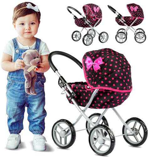 Kinderplay Puppenwagen Buggy – Leicht & stabil für Rollenspiele – Für Puppen bis 40 cm, ab 3 Jahren – Faltbares Verdeck, Schaumräder, Griffhöhe 54 cm