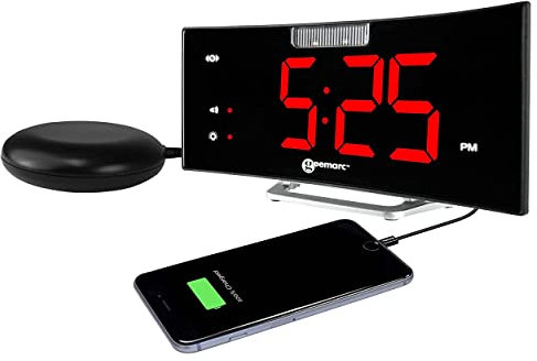 Wecker mit starkem 95dB Alarm, Vibrationskissen, großem Display und Blitzlicht - Die Geemarc Wake 'N' Shake Curve Wird Sie aus dem Tiefschlaf wecken - USB-Ladeanschluss - Version DE