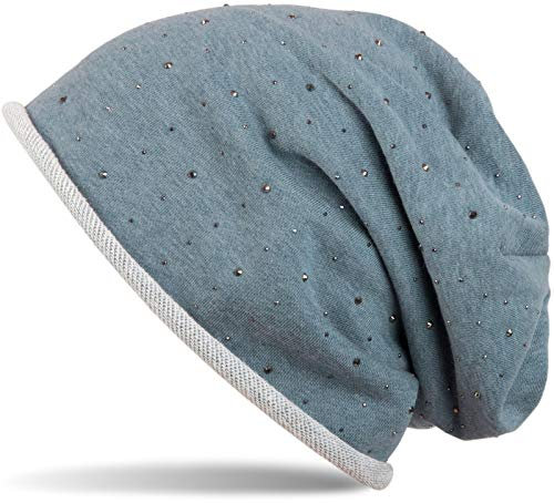styleBREAKER Damen Beanie Mütze mit Strass-Nieten Applikation und Rollrand, warm 04024024, Farbe:Hellpetrol-Grün