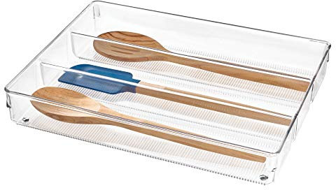 iDesign range couvert, grand rangement tiroir en plastique pour couverts et autres ustensiles, casier rangement plastique à 3 compartiments pour le tiroir, transparent