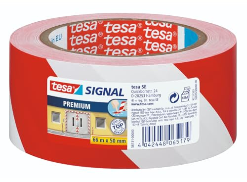 tesa Signal PREMIUM Markierungsklebeband - 66 m x 50 mm - Rot/Weiß | Selbstklebendes Warnband zur permanenten Markierung und Kennzeichnung von Gefahrenzonen - Absperrband aus robustem PVC