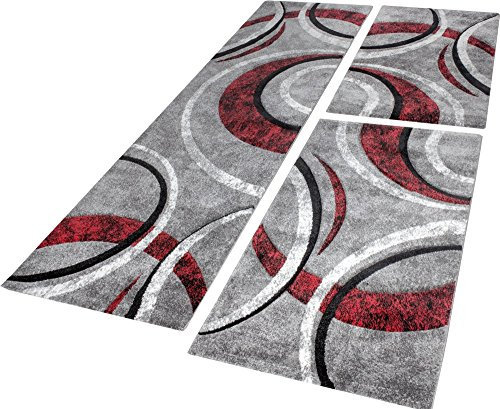 Paco Home Bettumrandung Teppich mit Konturenschnitt Grau Schwarz Rot Läuferset 3 Tlg, Grösse:2mal 80x150 1mal 80x300