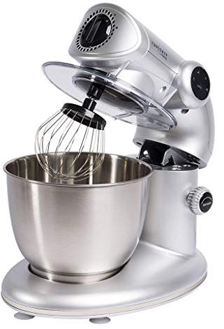 Top Chef TOPC416 Robot Pétrin Professionnel Multifonctions 5.5L Inox gris Puissant 1000W, Robot Cuisine Pâtissier Pétrin 4 vitesses, Fouet, Batteur, Crochet, Pétrisseur, Couvercle anti-éclaboussure