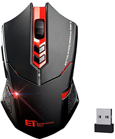 UrChoiceLtd 2022 ET TECH X-08 Neuer USB 7 Tasten Kabellos Professional Spiel Optisch Maus Mäuse 800/1200/1600/2000/2400 DPI Einstellbar für PC Laptop Desktop Notizbuch - Schwarz Rot