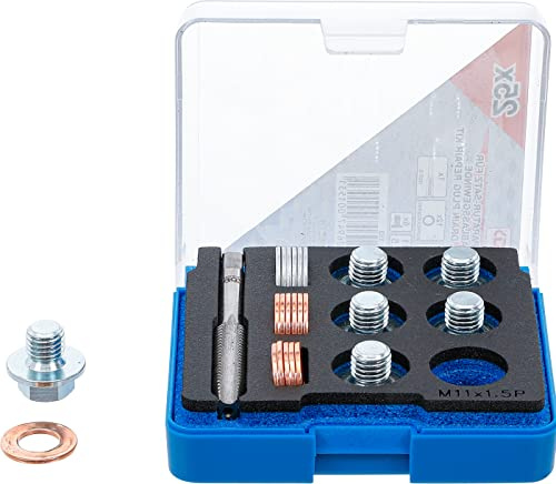BGS 153 | Reparatursatz für Öl-Ablass-Gewinde | M11 x 1,5 mm | 1 HSS-G-Gewindebohrer | 6 Ersatzschrauben | 12 Kupfer-Dichtringe | 6 Aluminium-Dichtringe