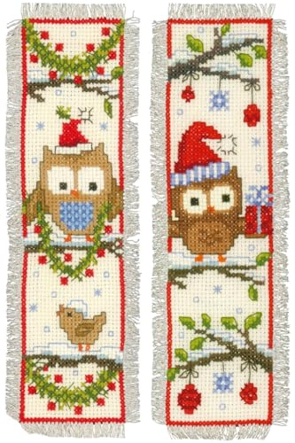 VERVACO Lesezeichen Kreuzstich Stickpackungen Gezählter Kreuzstich Eulen mit Mütze 2er DIY Set Erwachsene Sticken Lesen Zubehör Geschenk Zählmusterpackung ca. 6 x 20 cm Stickset für Anfänger