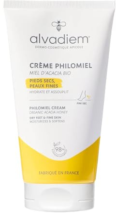 Alvadiem | Crème Philomiel Pieds Secs Talons Rugueux | Hydrate, Adoucit et Répare Callosités | Miel d'Acacia Bio, Gelée Royale, Karité | Recommandée par les Podologues, Fabriqué en France | 150 ml