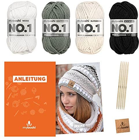 myboshi Strickset Mütze Irvine, Strickpaket für Fortgeschrittene, inkl. No.1 Wolle, Nadel, Anleitung und Label, 30% Merinowolle Dunkel, mit Nadelspiel