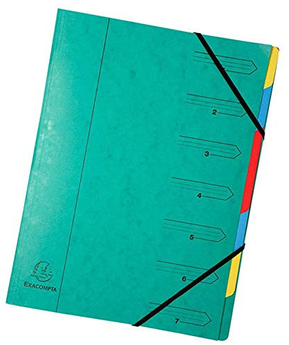Exacompta 54073E Premium Ordnungsmappe geheftet. Aus extra starkem Colorspan-Karton DIN A4 7 vollfarbige bunte Fächer und 2 Gummizüge mit Organisationsdruck Ringmappe Register-Mappe grün