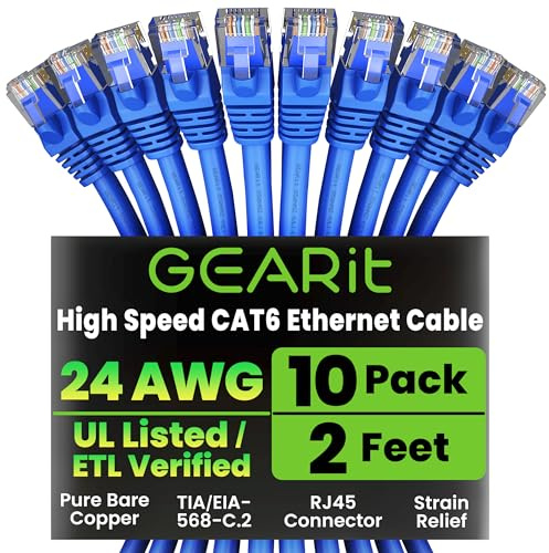 GEARit Cat 6 Ethernet Patch Cable 2 ft Blue (10 Pack) - Cat6 Patch Cables 2ft Blue/Ethernet Patch Cable, 10Gbps 550MHz 24AWG Pure Copper, Snagless, Gold Plated RJ45 for Router, Server, Router, PC