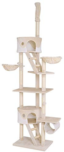 lionto XXL Klösträd för katter med sisal & plysch, höjd 230–250 cm, kattträd med plyschbollar inkl. bjällra, hängmattor, tunnel & kojor, passar små & stora katter, beige/vit