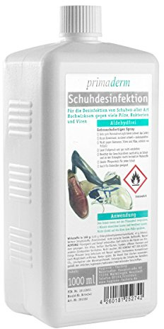 Primaderm Schuhdesinfektion 1 L mit 1,4 m Sprühlanze, aldehydfrei, Desinfektionsmittel gegen Pilze, Bakterien und Viren in Schuhen, Eurospenderflasche Nachfüllpack