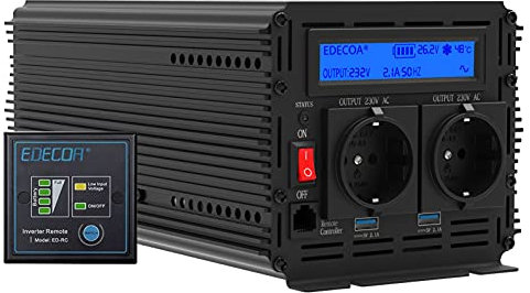 EDECOA Inversor 2000w convertidor de Voltaje de 24v a 230v Transformador de Corriente de Onda sinusoidal modificada LCD con Mando (4a generacion)