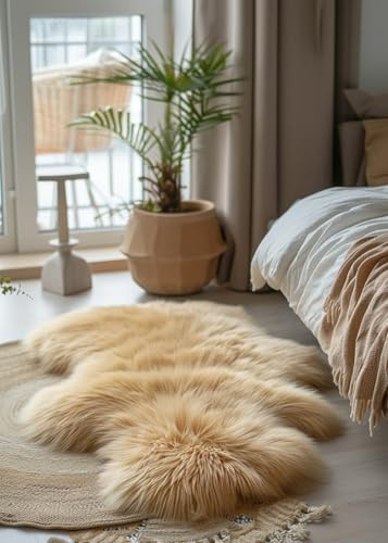 Hollert Piel de Cordero Coburger Borrego Zorro Piel Natural Oveja Piel Verdadera Alfombra Decoración Almohadilla de Asiento Recubrimiento de Sofá Tamaño 120-130, Color Marrón Claro