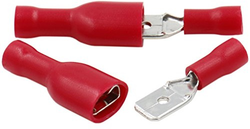 Heschen Connettori rapidi maschio/femmina in vinile completamente isolati, FDFD+MDD1,25-250, terminale per cavo da 6,3 x 0,8mm, per 0,5-1,5mm² (22-16 AWG), rosso, confezione da 100 pezzi