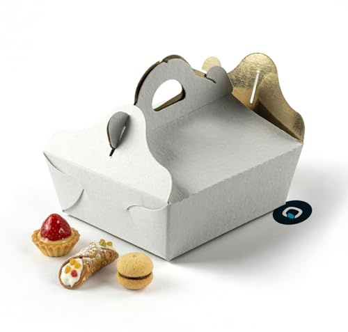 MAQA 25 Pezzi Scatole Porta Torta 15 x 21 cm, Rettangolari in Cartone Bianco e Oro con Maniglia, Porta Dolci, Pasticcini e Biscotti per Asporto, Feste, Pasticcerie e Catering